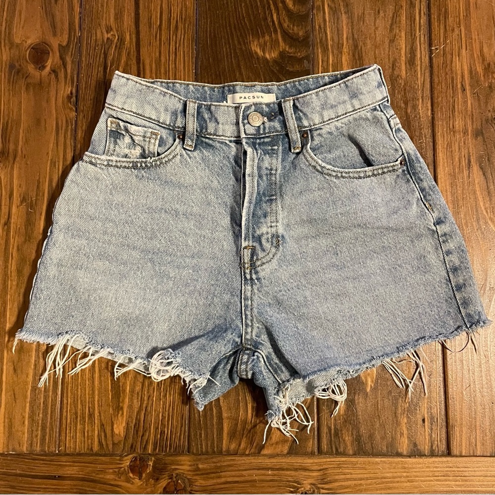 PacSun Blue Denim Button-Fly High-Rise Icon Shorts Distressed Hem Women’s Sz 24